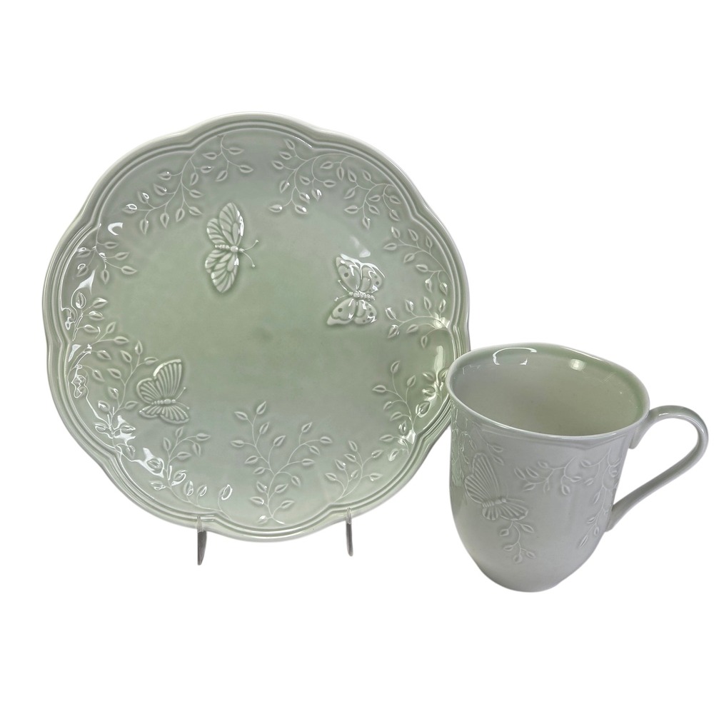 Lenox Butterfly Meadow Leaf Sage Green Lunch Plate and Coffee Mug Set Embossed
